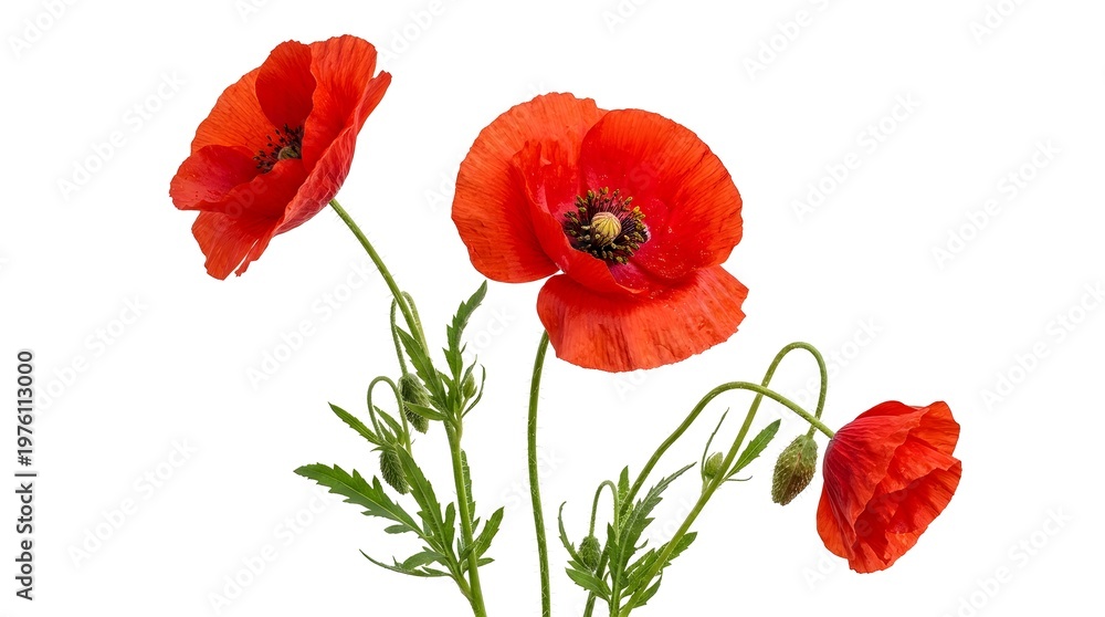Obraz premium Three vibrant red common poppy flowers Papaver rhoeas with green stems and unopened buds isolated on a solid white background, featuring detailed petals and central black stamens.