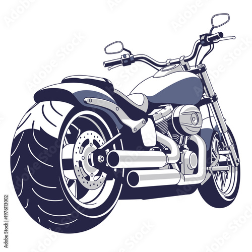 A stylized illustration of a powerful cruiser motorcycle.