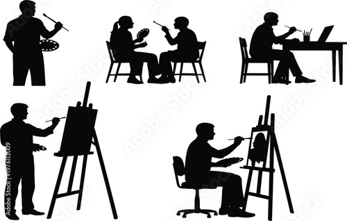 Silhouette collection of professional artists and painters using easels palettes and brushes while creating fine art paintings on white background