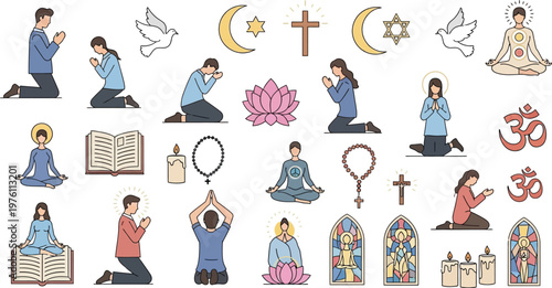 People practicing diverse religious and spiritual traditions are depicted in a comprehensive collection of icons and symbols.