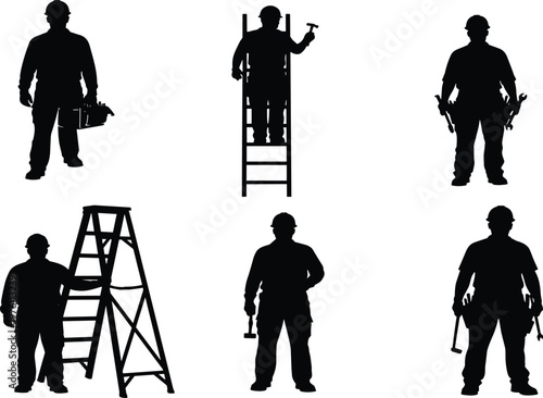 Silhouette collection of professional contractors builders and repairmen wearing safety helmets using ladders toolboxes hammers and wrenches on white background