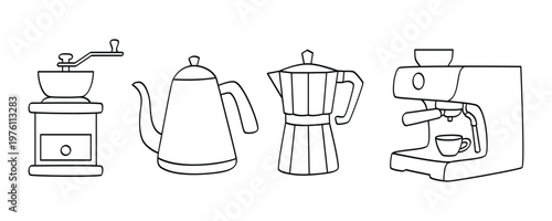 Set of hand drawn Coffee equipment. doodle style coffee machine. Vector illustration