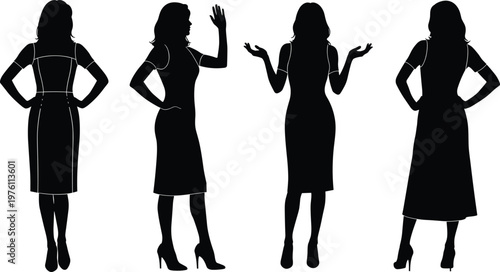 Set of businesswoman silhouettes in formal dresses showing confident poses, gestures and professional body language isolated on white background