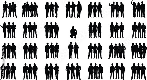 Large collection of group people silhouettes showing team, crowd and social gathering poses isolated on white background for design use