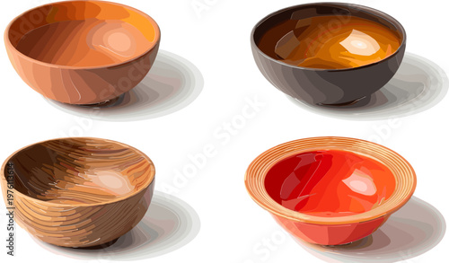 Wooden and Ceramic Bowl Set in Various Shapes and Colors for Kitchenware and Dining Illustrations