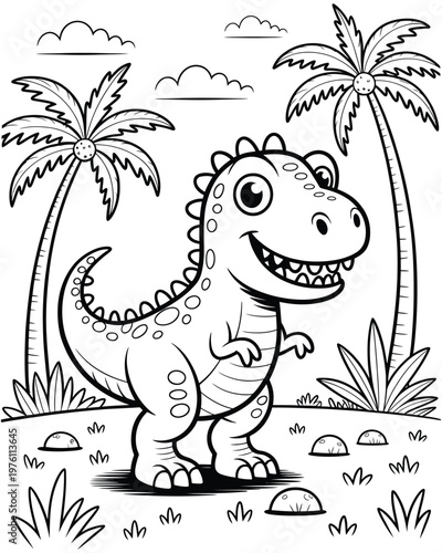 Cute cartoon dinosaur for coloring book, T Rex in prehistoric landscape with palm trees and clouds, fun outline drawing for kids.