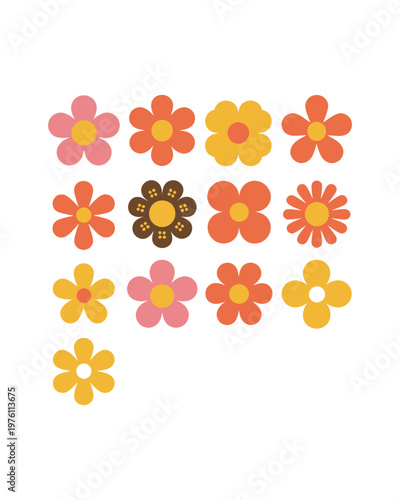 Collection of retro style flowers in pink orange and yellow, vintage flower shapes with simple petals and yellow centers, graphic elements.