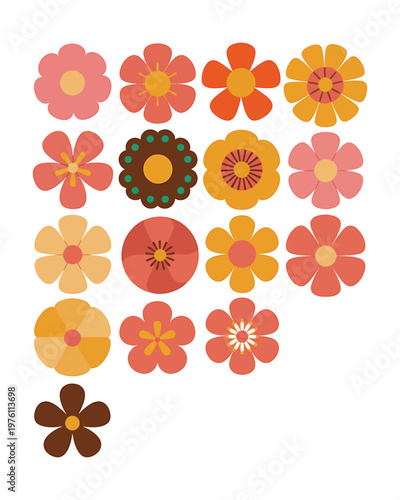 Set of retro flower icons collection in vintage 70s style colorful flat floral elements isolated on transparent background vector.