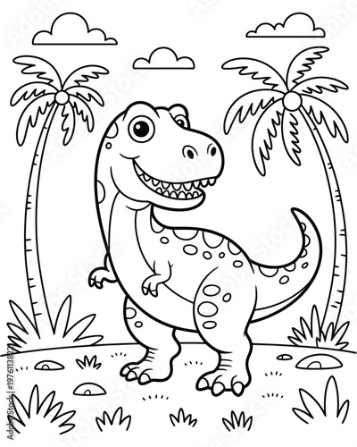 Cute cartoon dinosaur for coloring book, T Rex in prehistoric landscape with palm trees and clouds, fun outline drawing for kids.