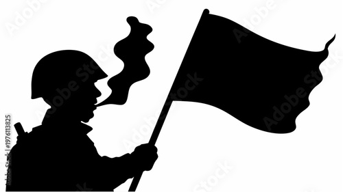 Soldier in silhouette holding a dissolving flag with smoke symbolizing loss or defeat in a conceptual military scene