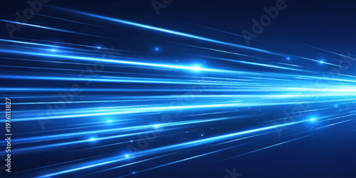 A futuristic digital art backdrop featuring an abstract blue background with glowing laser rays and light motion waves in a sleek vector line pattern