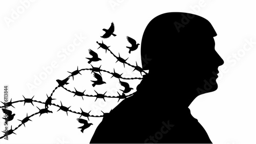 Silhouette of a soldier with barbed wire and flying birds symbolizing freedom and oppression conflict and release