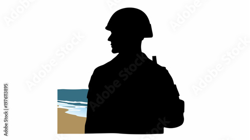 Silhouette of a soldier in a helmet standing on a beach with a serene ocean background symbolizing peace and conflict