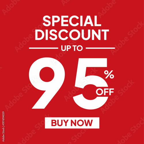 Promotional banner advertising a special discount up to 95 percent on red background