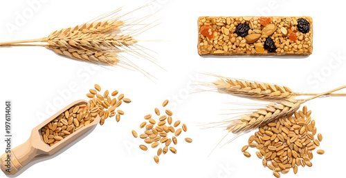 Wheat and Granola Bar Set with Wheat Stems, Seeds, and Healthy Snack for Organic, Natural Food, and Healthy Lifestyle Designs