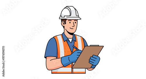 Construction worker with clipboard and hardhat.