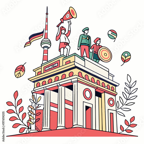 A vibrant cartoon illustration of brandenburg gate, tv tower, and three people with a megaphone, shield, and german flag.