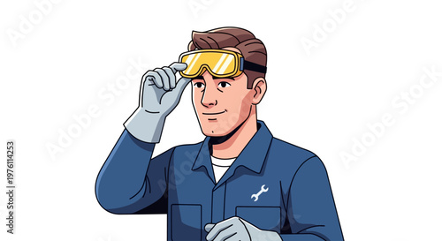 Man wearing safety goggles and gloves.