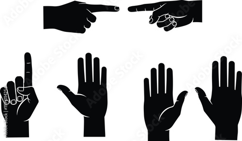 Set of hand gesture silhouettes showing pointing, counting and open palm signs isolated on white background for communication design