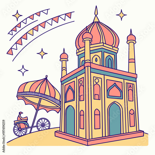 A beautiful cartoon illustration of an elaborate Indian palace or temple, adorned with festive banners, stars and a rickshaw.