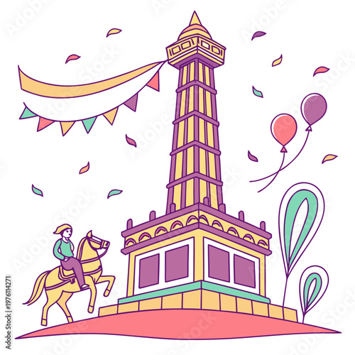 A vibrant cartoon illustration of a traditional Indian monument, featuring a person on horseback, festive banners and balloons.