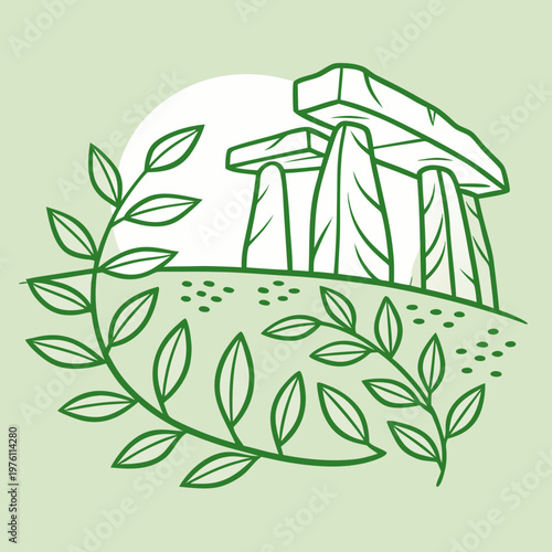 Stonehenge ancient landmark silhouette logo design with laurel wreath and nature elements for heritage preservation and historic site conservation.