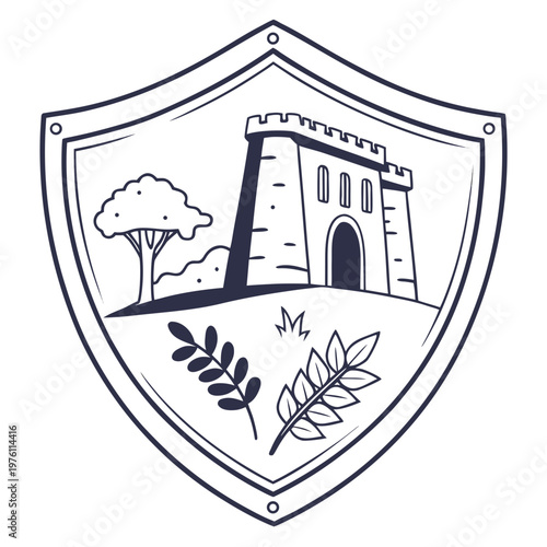Heritage protection crest featuring medieval castle tower battlements ancient tree and leafy branches symbolising history and nature conservation.