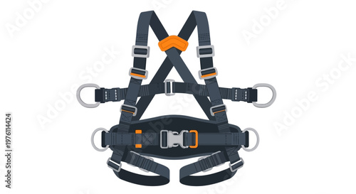 Black safety harness with orange accents.
