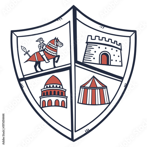 Medieval shield vector outline icon, knightly heritage emblem, ancient fortress symbol, historic battle protection sign, vintage camp.