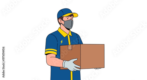 Delivery man holding brown cardboard box.
