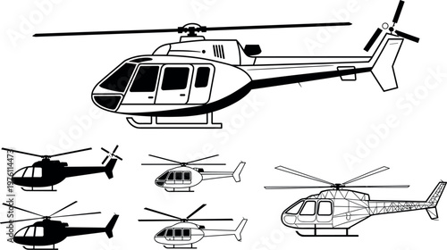 Εκτύπωση καμβά Helicopter silhouettes collection featuring different rotor aircraft models in s