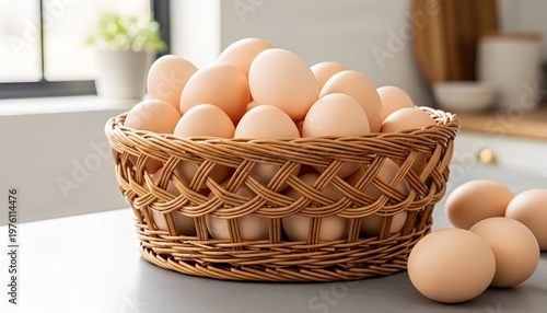 Keranjang anyaman berisi penuh telur ayam di atas meja dapur yang bersih