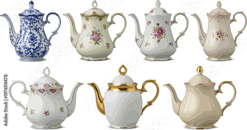 Vintage Floral Teapot Set Featuring Porcelain Designs with Gold and Blue Accents for Tea Time and Home Decor