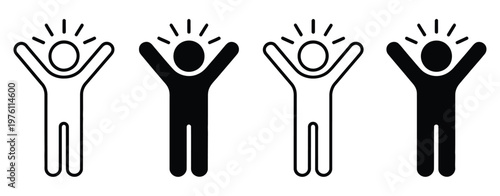 Celebration human figure icon, joyful person silhouette with raised arms symbolizing success achievement and happiness, vector illustration for party events, victory moments and positive emotion 