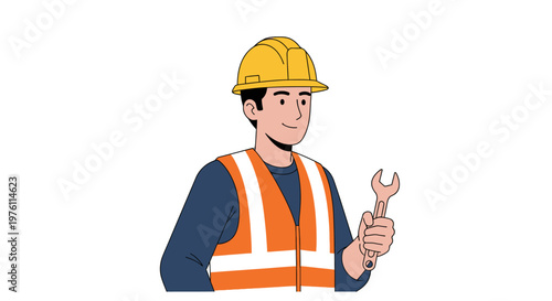 Man wearing safety gear holding wrench.