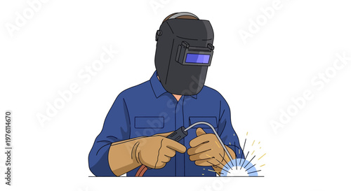 Man wearing welding mask and gloves.