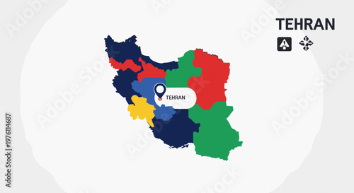 Tehran marked on a colorful, segmented map of iran, showcasing regional divisions with distinct vibrant hues of blue, red, yellow, and green, emphasizing scalability for diverse