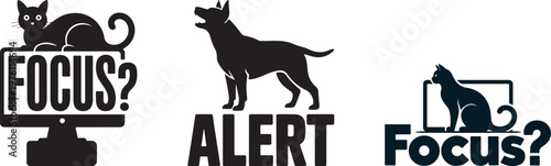 Black cat on computer screen question mark dog alert text