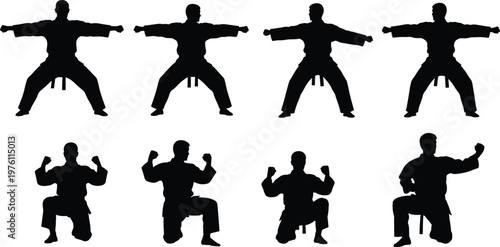 Set of martial artist silhouettes performing karate poses, combat stances and training movements isolated on white background for sport illustration