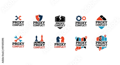 Collection of modern geometric logos representing conflict and strategy, featuring sharp lines, bold shapes, and a limited color palette of red, blue, black, and white, suitable