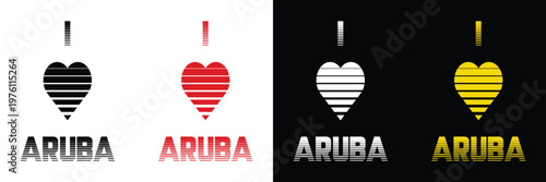 I Love Aruba Typography Design Set Striped Heart Symbol and Textured Text on Black and White Backgrounds