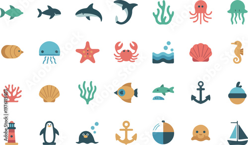 Collection of 24 flat design underwater animal and object icons