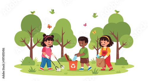 A group of children work together to clean up a park by collecting trash and recycling bottles amidst trees, birds, and butterflies in nature.