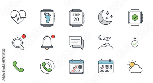 Smartwatch interface icons set, 15 fitness tracker vector elements, wearable technology health and notification symbols for mobile app design