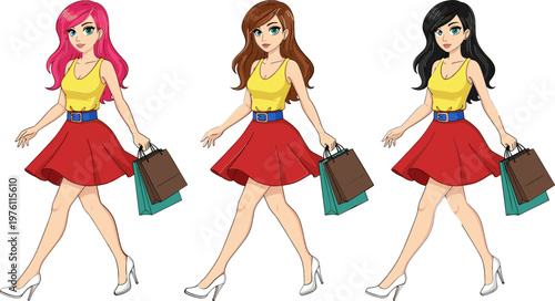 Vector Illustration of Fashionable Young Women with Colorful Hair and Shopping Bags in Red Skirts for Lifestyle, Fashion, and E-commerce Designs