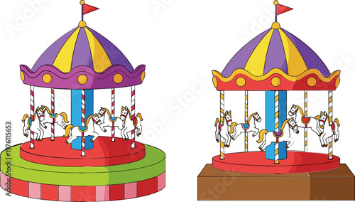 Vector Illustration of Colorful Carousel with Unicorns for Funfair, Amusement Park, and Children's Entertainment Designs