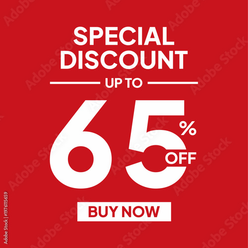 Special discount sixty five percent off banner with white text on red background