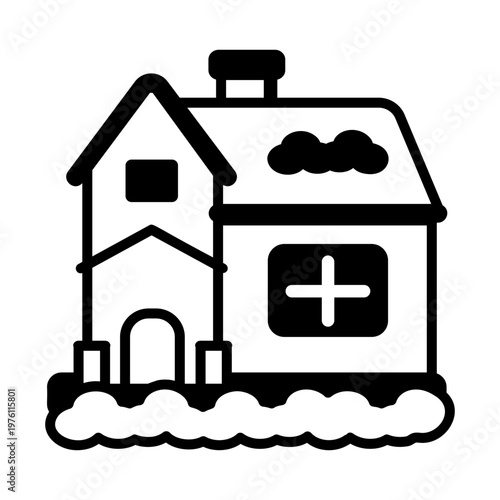 A glyph style icon showing a winter house