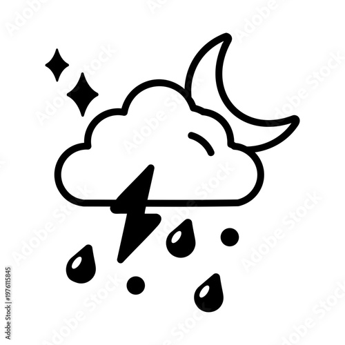 A glyph style icon showing night rain