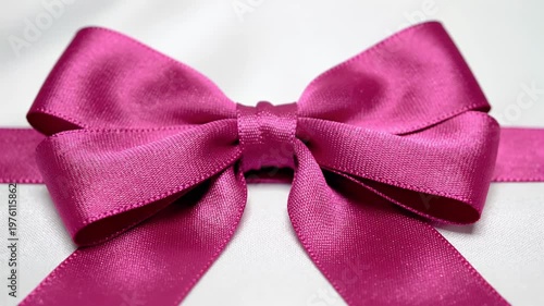 A close-up shot showcases a vibrant magenta ribbon elegantly tied into a bow against a soft white background, highlighting its texture and intricate design.